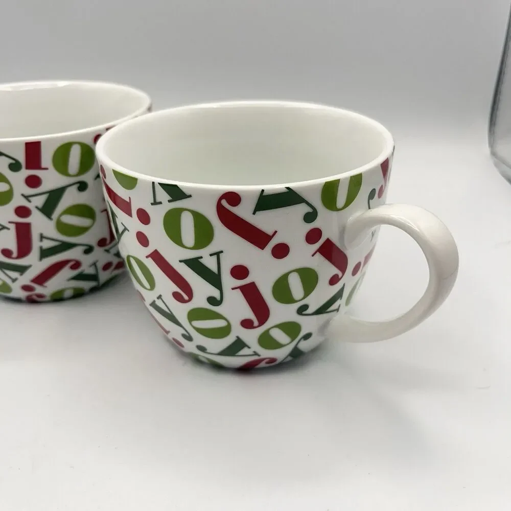 Pair Vintage Crate & Barrel 16oz JOY Mugs Holiday Christmas Red/Green Porcelain
